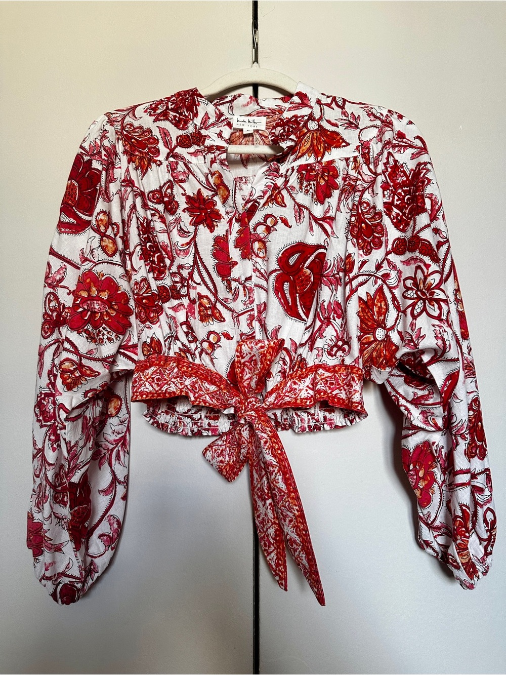NICOLE MILLER White Red Bold Floral Tie-Waist Cropped Linen Blend Blouse Boho M